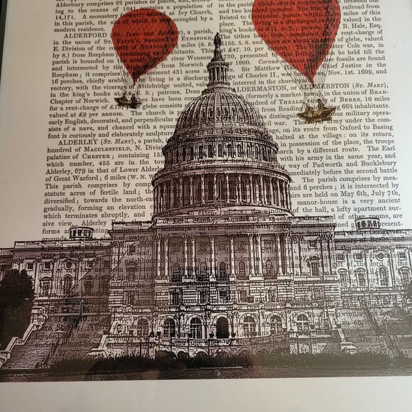 Fab Funky US Capitol DC Red Hot Air Balloons Dictionary Page Print 19 x13 Framed - Picture 3 of 4